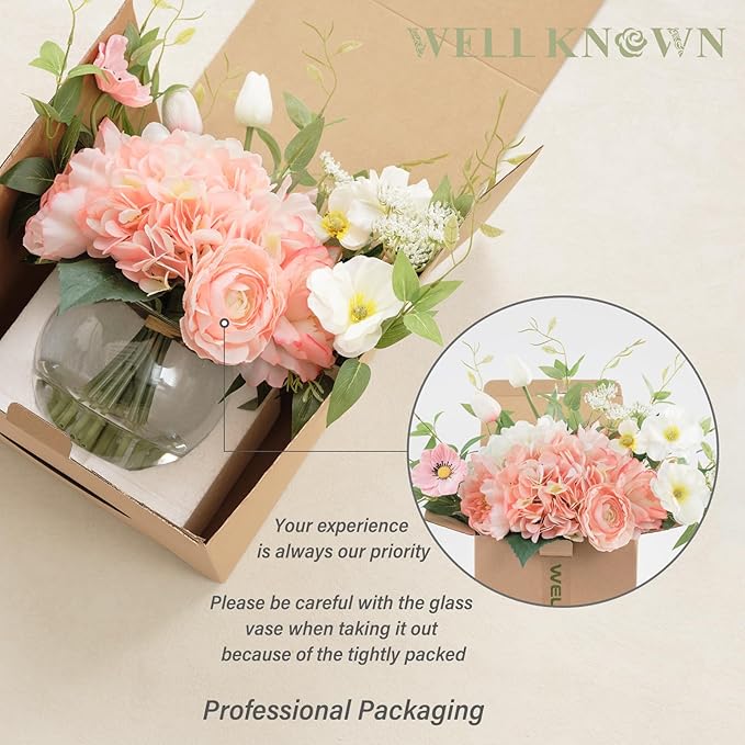 Artificial Flowers in Vase, WELL KNOWN Fake Silk Peony Tulip Hydrangea Pink & White Flower Bouquet Arrangement with Faux Water Centerpieces, Fake Flowers for Home Wedding Dining Table Party Decor Gift