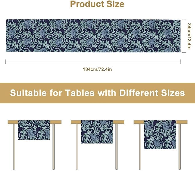 Vintage William Morris Table Runner, Retro Blue Floral Botanical Plant Farmhouse Design Table Runner for Kitchen Dining Party Holiday Decortaion, 13x36 Inch