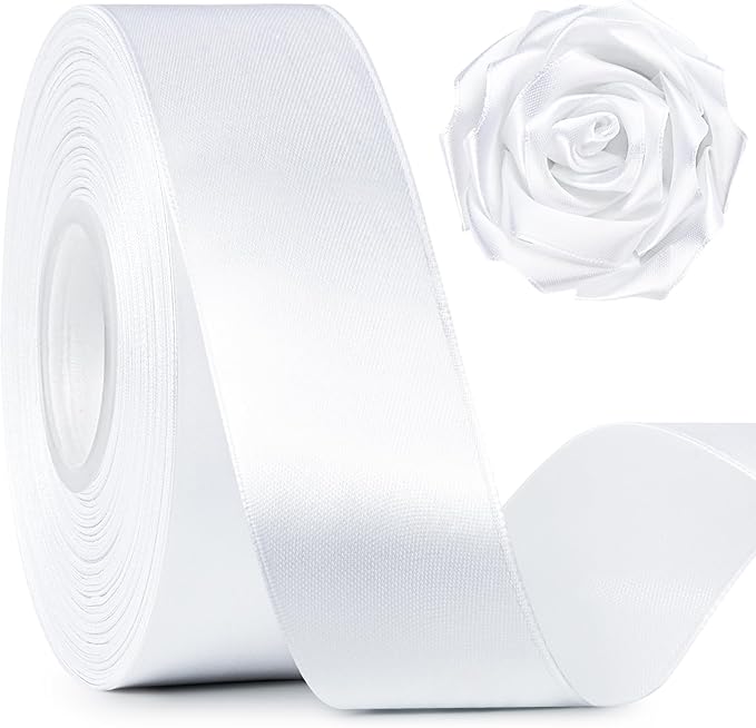 1-1/2 Inch Wide White Satin Ribbon, 50 Yards Solid Polyester Fabric Ribbon for Roses Making, Gift Wrapping, Christmas, Wedding Decorations, Crafts, Bows
