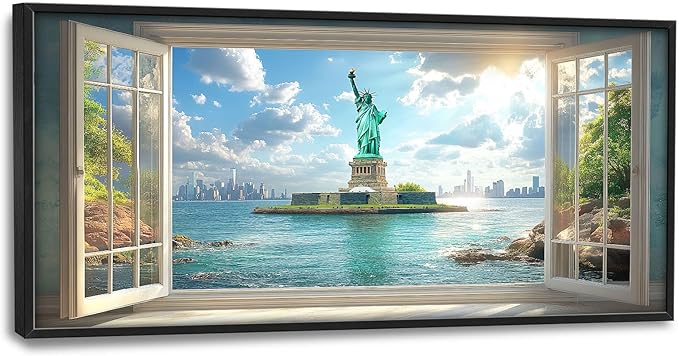 Statue of Liberty Large Wall Art Window Pictures Wall Decor Landmark Canvas Landscape Print Painting Modern Artwork Home Decoration for Living Room Bathroom Bedroom Office Framed 60"x30"