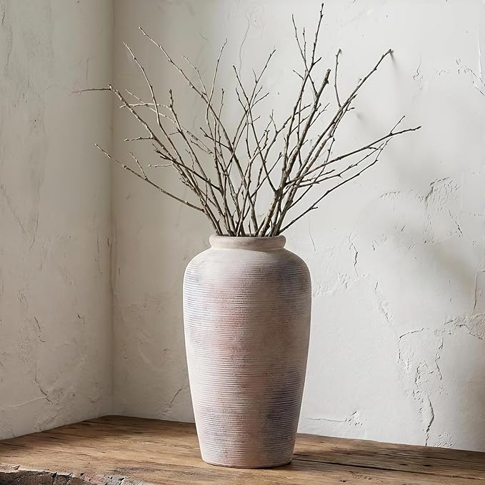 Large Rustic Ceramic Vase, 11 Inch Farmhouse Decorative Vases for Home Decor, Vintage Tall Flower Vase for Dining Table Centerpiece Living Room Kitchen Fireplace Mantle Bookshelf, Wabi Sabi Decoration