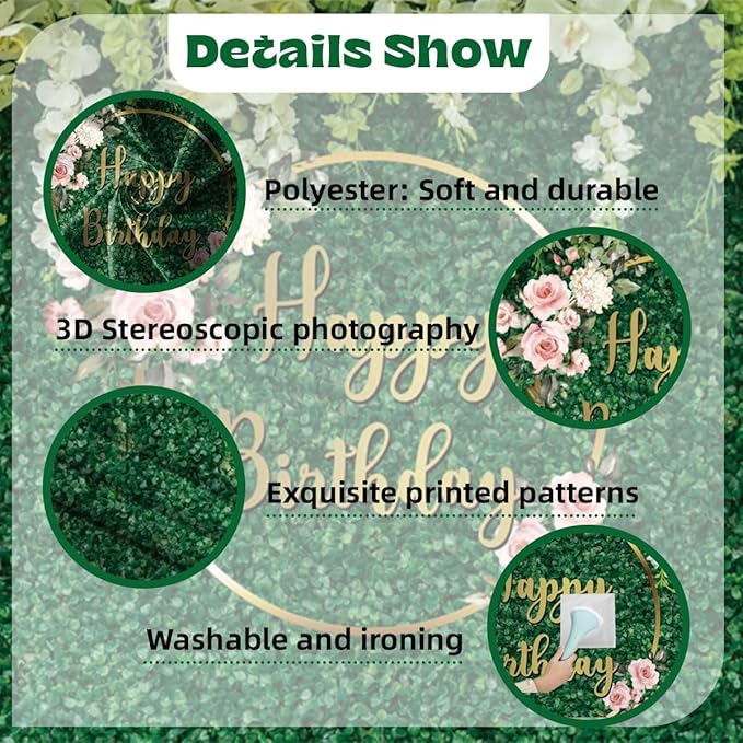 10x5ft Happy Birthday Backdrop Green Grass Flowers Wall Greenery Green Leaves Nature Botanical Photography Background Birthday Party Anniversary Portrait Studio Photo Props Polyester