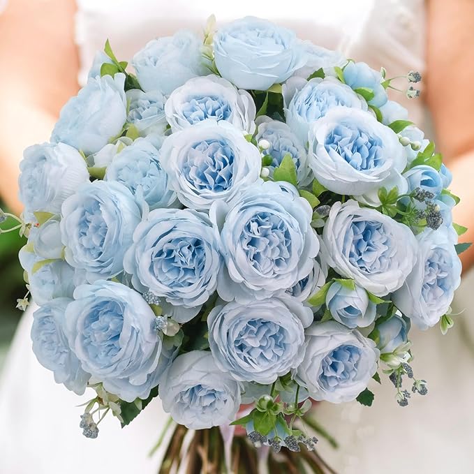6 Pcs Peonies Artificial Flowers Bulk, Blue Silk Peonies Fake Bouquet for Floral Centerpieces, Realistic Faux Peony Flower for Flower Arrangements Wedding Decoration vase