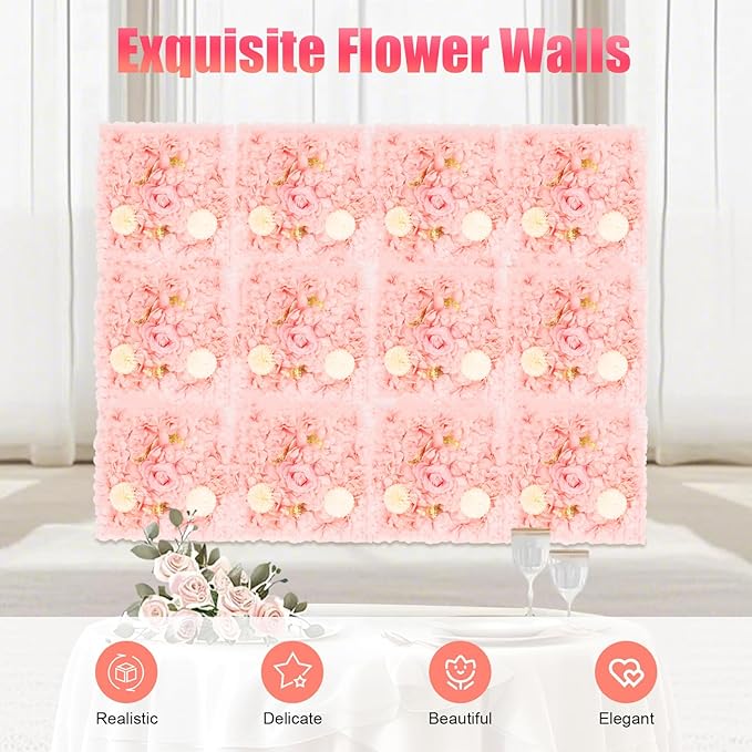 3D Flower Wall Panel Floral Backdrop,12Pack Artificial Flower Wall Background,Silk Rose Mat, Artificial Flower Backdrop Faux Flower Panel for Wedding