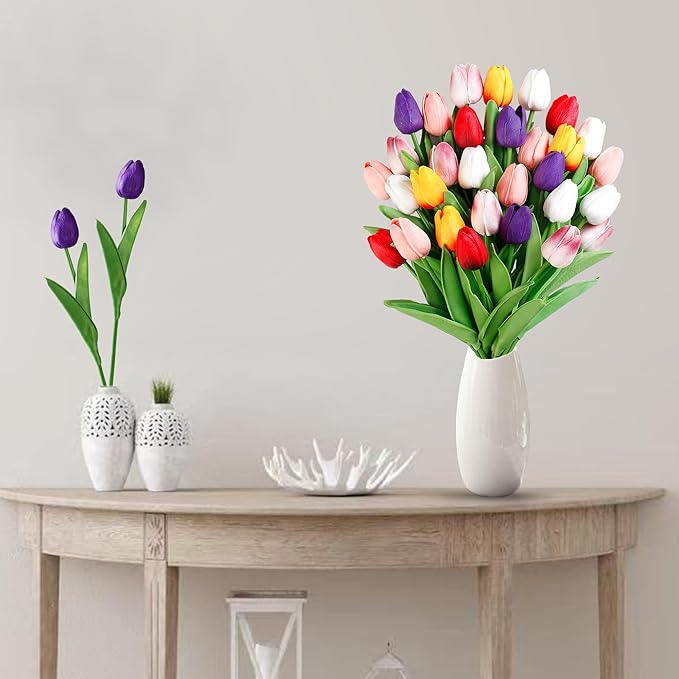 Sggvecsy 15 Pcs Fake Tulips Artificial Flowers Real Touch PU Faux Flowers Tulip Stems for Wedding Spring Bouquet Floral Arrangement Party Home Office Decorations for Mother's Day (Multi Colors)