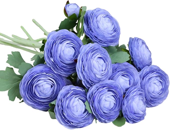Artificial Ranunculus Flowers with Real Touch Stem, Silk Ranunculus Flowers (Blue, 10pcs)