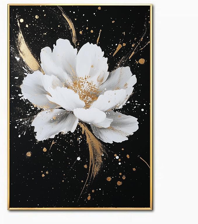 Framed Black and White Flower Canvas Wall Art for Living Room-Hand Painted Floral Wall Pictures for Bedroom- 3D Oil Painting for Office,Kitchen Home Wall Decorations 28" x 40"