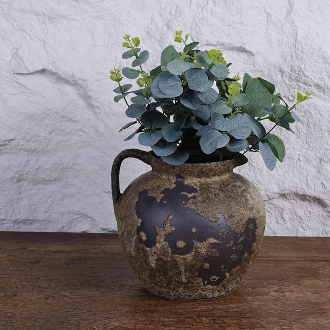 Rustic Vase with Handles, Farmhouse Vase for Home Decor, Wabi Sabi Decor Pottery Vases, Vintage Stone Terracotta Vases Suitable for Living Room, Fireplace, Shelf Decor, Dining Table Decorative