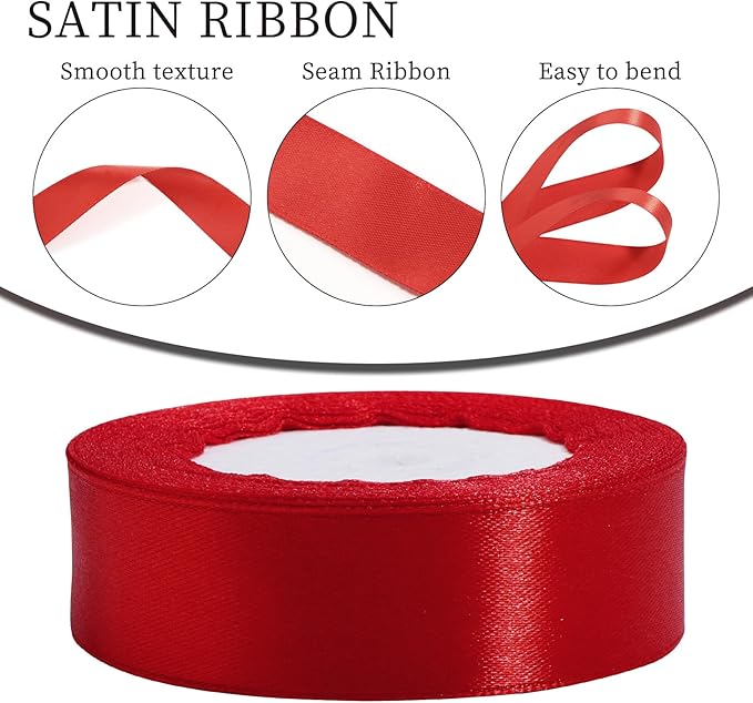 Red Ribbon for Gift Wrapping, 1 inch Polyester Satin Hair Ribbon for Flower Bouquet, Weeding Decoration, Baby Shower, Crafts Bows Fabric Christmas Ribbons 25 Yards