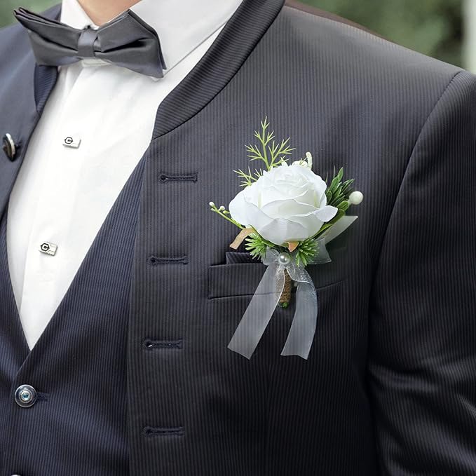 Artificial Flowers White Rose Wrist Flowers and Men's Corsage Wedding Flowers Ceremony Prom Flower (1 Boutonniere & 1 Wrist Corsage White)