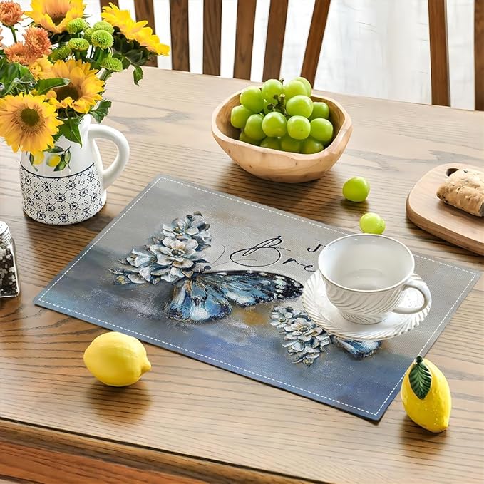 Blue Butterfly Placemats Set of 6, Farmhouse Country Rustic Just Breathe Place Mats Washable Double-Sided Table Mats for Dining Room Home Party Indoor 6 PCS 12x18 Inch