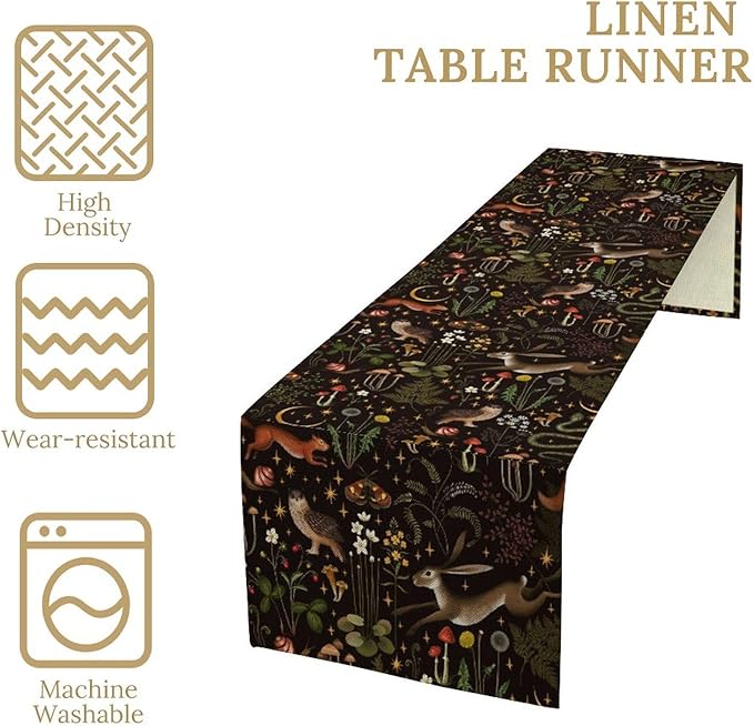 Rustic Forest Table Runner, Farmhouse Country Fairy Woodland Wild Animals Butterfly Mushroom Table Runner for Home Kitchen Dining Table Decor, 13x36inch