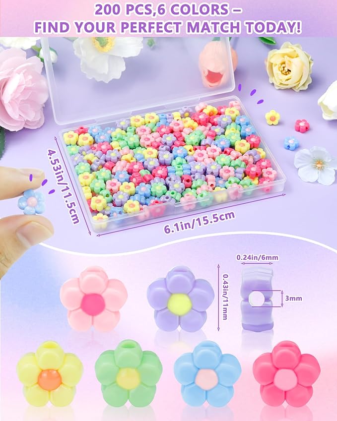 FIVEIZERO 200PCS Acrylic Flower Beads for Bracelets, Solid Color Five Petal Bead Charms for DIY Jewelry Making, Necklaces & Craft Supplies