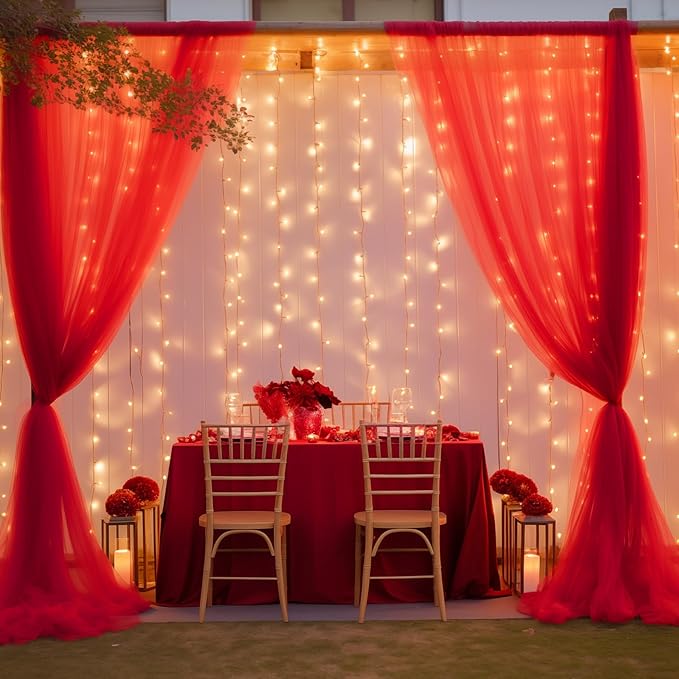 10ft x 10ft Red Backdrop Curtain with Lights String for Parties, Sheer Tulle Wedding Photo Backdrops Drapes for Baby Shower Birthday Party Decorations Background for Photography