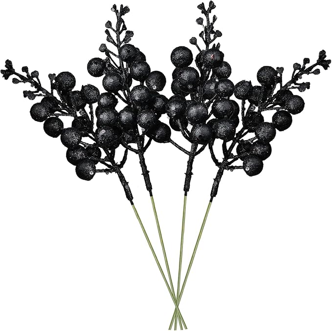 DearHouse 14 Pack Christmas Glitter Berries Stems, 7.8Inch Artificial Christmas Picks for Christmas Tree Ornaments, DIY Xmas Wreath, Crafts, Holiday and Home Decor (Black)