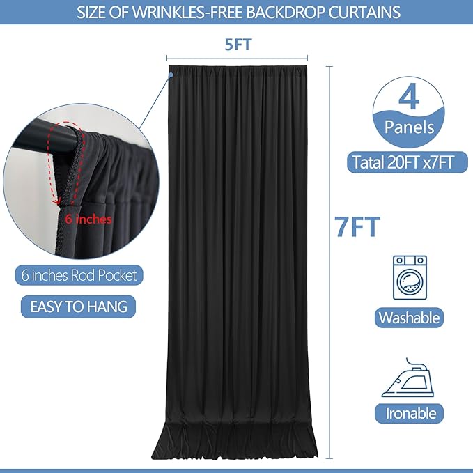 30x7ft Wrinkle Free Black Backdrop Curtain for Parties Soft Fabric Drapes Wedding Black Curtain Backdrop for Birthday Party Decorations Background for Photography 5x7ft, 6 Panels