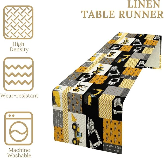 Excavator Table Runner,Boys Kids Construction Vehicles Equipment Trucks Cartoon Car Tablecloth Burlap for Hotel Indoors Outdoor Dining Room Kitchen Holiday Party, 13x60in
