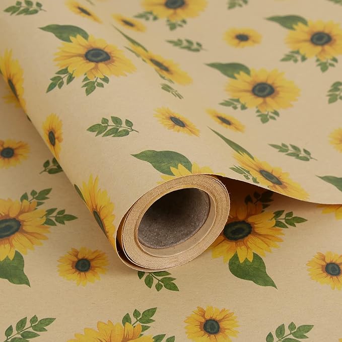 Aimyoo Sunflower Kraft Wrapping Paper Roll - Mini Roll - 17 in x 16.4 ft - All Occasion Floral Gift Wrap Paper for Wedding Bridal Shower Birthday
