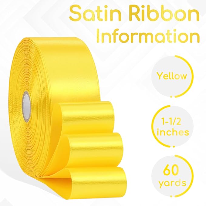 Yellow Ribbon 1-1/2 Inch x 60 Yards, Yellow Satin Ribbon for Flower Bouquet, Gift Wrapping, Eternal Flower, Crafts, Birthday, Wedding and Festival Decor