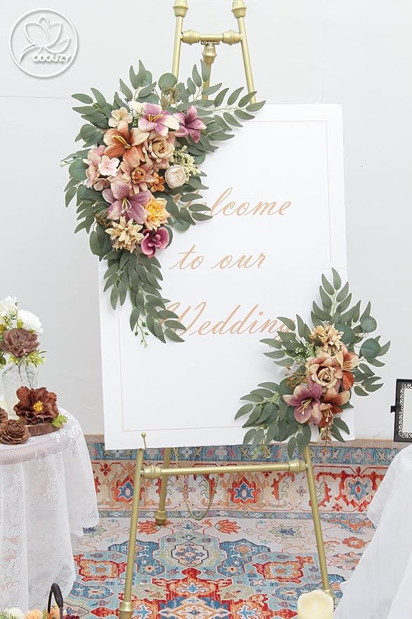 Pack of 2 Wedding Arch Decorations Artificial Hanging Flowers Floral Swag for Wedding Welcome Sign Backdrop Balloon Arch Home Party Bridal Ceremony Reusable(Champagne Coffee)