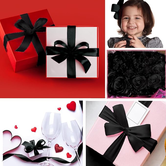 Black Satin Ribbon 1-1/2 Inch x 2 Rolls Black Wide Satin Fabric Ribbon for Gift Packaging, Christmas, Wedding, Flower Bouquet, Holiday Party, Invitation