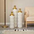 Floor Oversized Gold Metal Decorative Vase with 3D Triangle Pattern Set of 3 Large Vases for Home Living Room 33.5 ", 29.5 ", 25.2" High (Gold+Antique White)