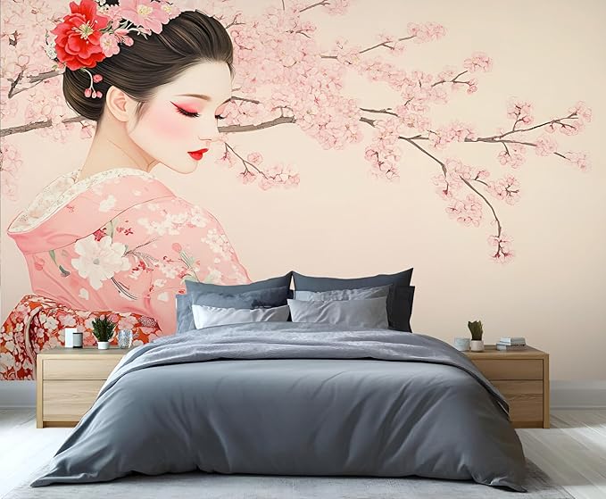 KIREUPA Japanese Cherry Blossom Wall Mural, Kimono Woman Geisha 3d Wall Murals, Oriental Beauty Wallpaper Mural, for Living Room Bedroom Large Wallpaper Indoor Decor 59" W x39.4 H