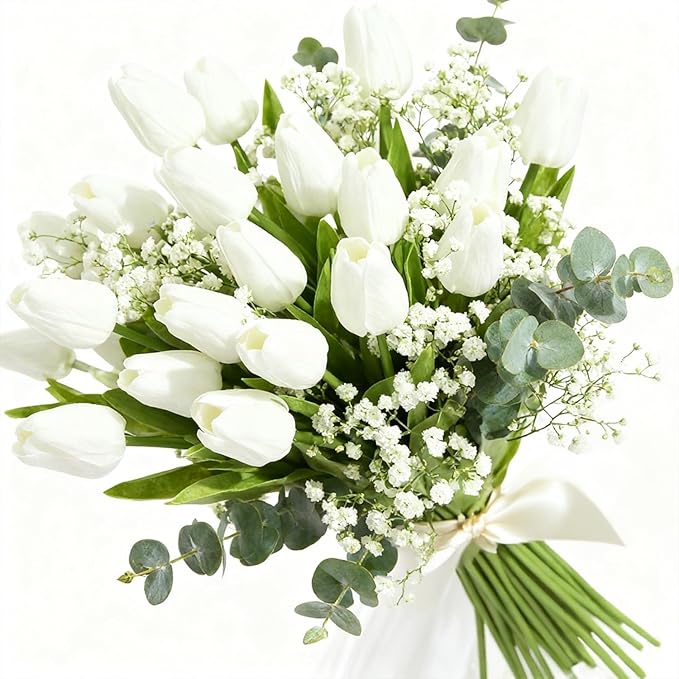 Real Touch Artificial Tulips, 20pcs Fake Tulip Flowers Stem, PU Faux Tulips 13.5” for Mother's Day, Home Decor, Wedding, Easter Valentine's Gift, Table Centerpieces, Floral Arrangements, White