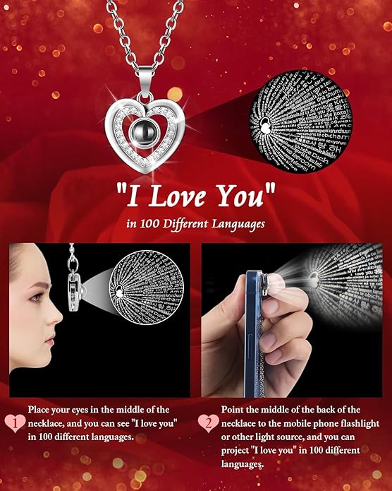 Preserved Red Forever Rose Heart Necklace Gift Box, Eternal Flowers "I Love You" Projection Jewelry for Women, Romantic Christmas Valentines Day Anniversary Birthday Gift for Her(Wife Girlfriend Mom)