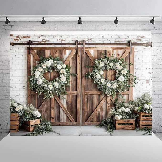 Rustic Barn Door Photography Backdrops, White Flower Wood Brown Barn Door Backdrop, Wedding Birthday Party Decors Photo Booth Props 15x10ft