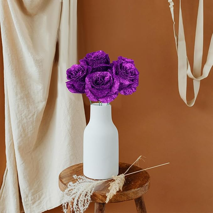 30PCS Purple Glitter Roses Artificial Flowers Faux Roses with Stems for DIY Crafts Wedding Bouquet Party Home Decor(Purple)