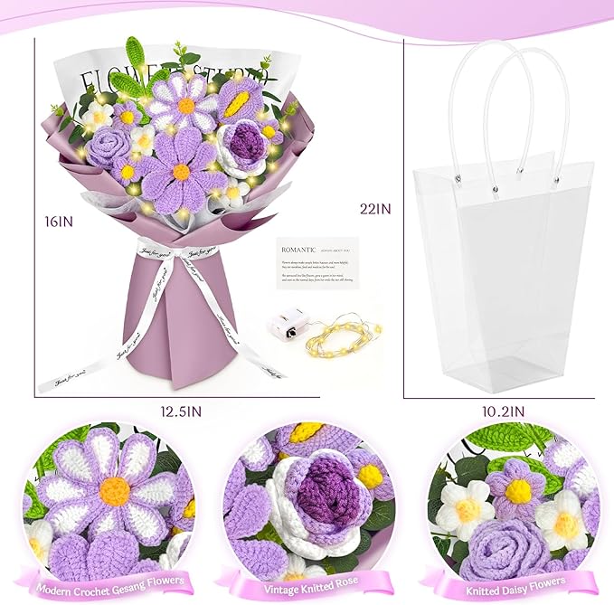 ICX Crochet Flowers Bouquet with Lights,Handmade Knitted Roses Flowers,Gesang Flower,Crochet Heart, Crochet Gift for Wedding, Birthday, Anniversary, Mother’s Day for Her, Girlfriend, Wife(Purple)