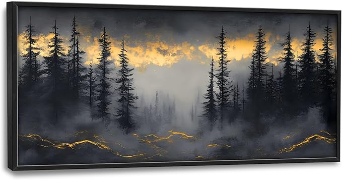 Misty Forests Large Decor Framed Wall Art Gold and Black Pictures for Living Room, Foggy Forest Landscape Oversized Canvas Print Painting Modern Extra Large Framed Artwork for Bedroom Office 60"x30"