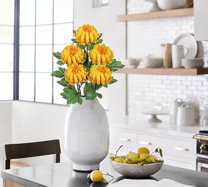 Hollyone 5Pcs Fake Mums Flowers Yellow Artificial Chrysanthemum Flowers Silk 22.8inch Long Stem Floral Arrangements Bouquets Faux Spider Mum Flower Pincushion Flower Bush Spring Home Decor