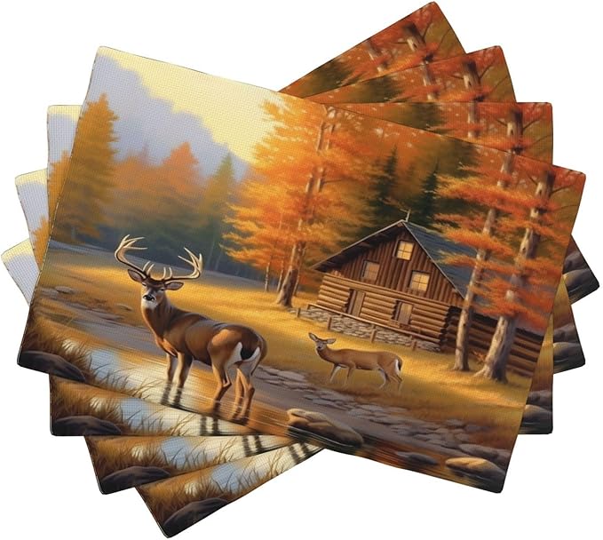 Rustic Deer Placemats, Natural Vintage Old Oil Painting Style Forest Lodge Hunting Elk Wildlife Print Washable Fabric Placemats Table Kitchen Dining Party 12x18 Inch Set of 4