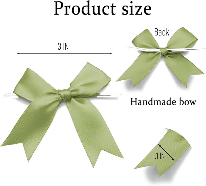 50 Counts Sage Green Twist Tie Bows 3.1" Pre-Tied Satin Ribbon Bow Decor Mini Twist Tie Bows for Gift Wrapping Treat Bags Cake Bridal Baby Shower Birthday Party Favors Wedding Decorations