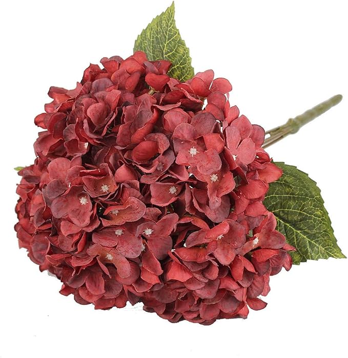 2Bouquets Artificial Fake Flowers Plants Silk Hydrangea Arrangements Wedding Bouquets Decorations Plastic Floral Home Kitchen Garden Party Festival Bar DIY (Dark Red,5 Flower Heads)