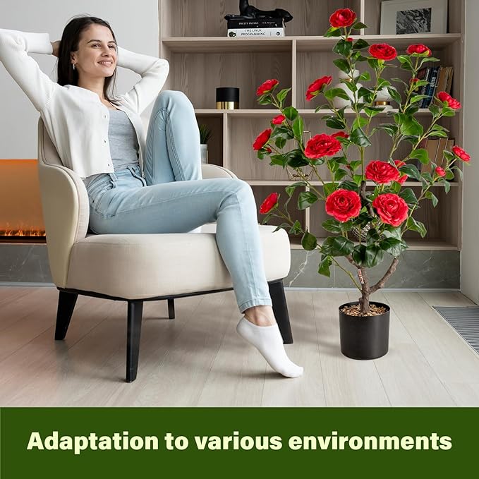 Artificial Camellia Tree,2Pack 3.2FT Faux Red Camellia Plants in Pots,Lifelike Artificial Flower Trees for Indoor Outdoor Home Decor,Realistic Blooming Faux Plants for Living Room Porch Patio Office