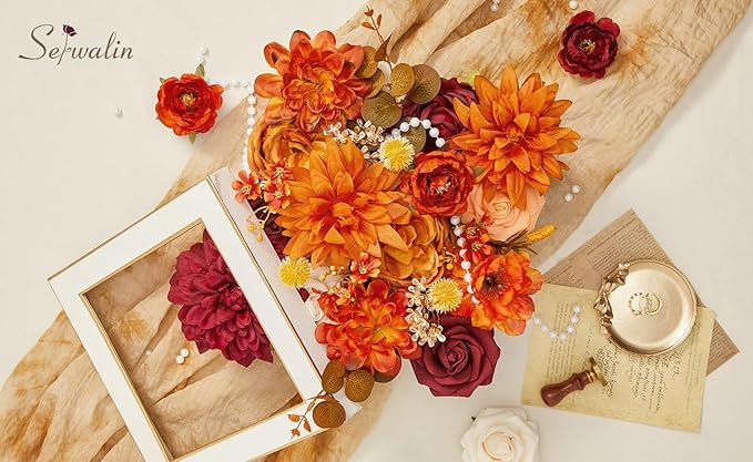 Serwalin Artificial Flowers Orange Burgundy Fall Fake Flowers for DIY Table Centerpieces for Wedding Bouquets Centerpieces Arrangements Silk Flowers Party Baby Shower Home Decorations