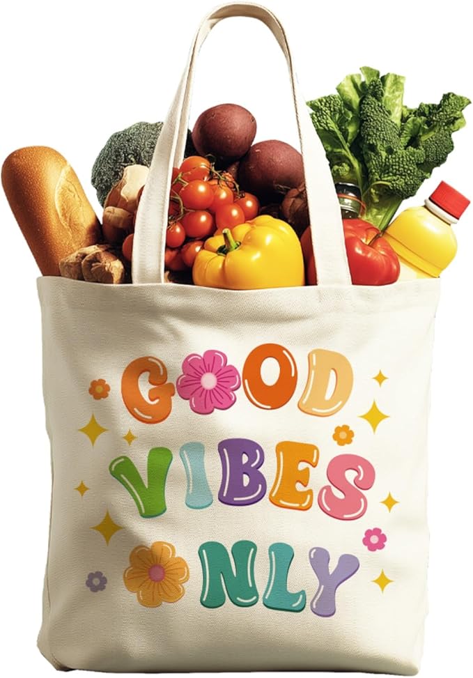 ANATTASOUL Canvas Tote Bag Color Boho Letter Reusable Cotton Bag for Women, Durable Cloth Shoulder Bags with Zipper Pockets for Shopping, Vacation, Work, Gym