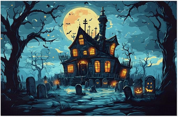 Halloween Castle Moon Scary Placemats Set of 6 PVC Vinyl Non Slip Table Mats Heat Resistant Place Mats Washable Wipeable Dining Table Mat for Kitchen Decor Party Indoor Outdoor Decorative Gift