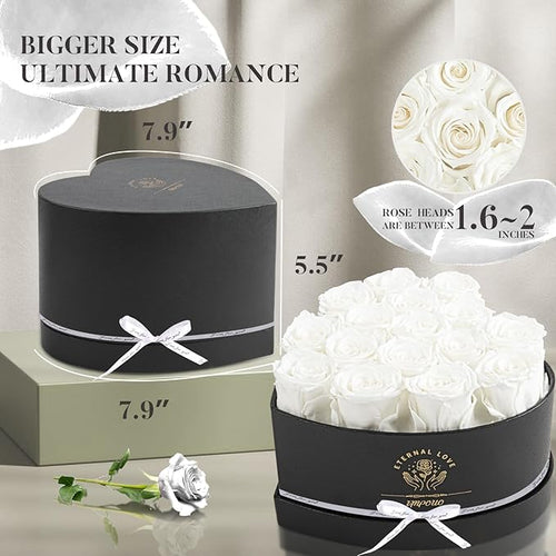 16-Piece Forever Flowers Heart Shape Box - Preserved Roses, Birthday Gifts for Women- Flower Delivery Prime, Valentines, Anniversary, Wedding Gifts- White Roses