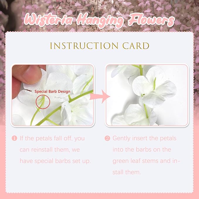 24 Pack Light Pink Wisteria Hanging Flowers, 3.4 Ft Fake Hanging Flowers, Artificial Wisteria Garland Vines for Wedding Room Backdrop Outdoor Patio Garden Decoration