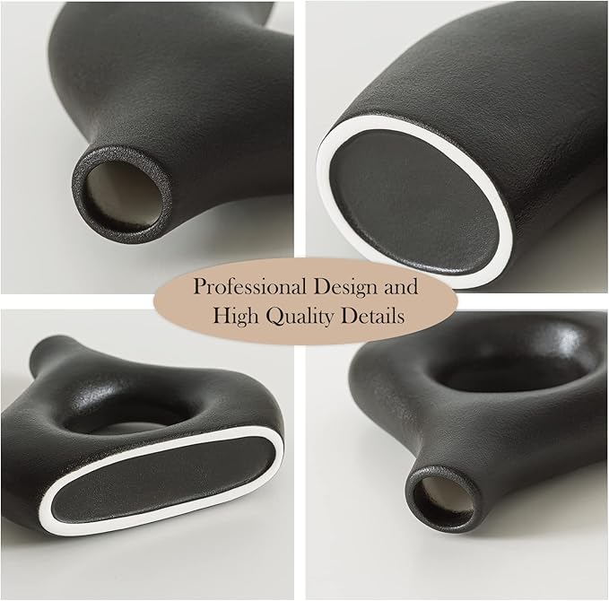 BLACK Ceramic Vase Set of 2 for Modern Home Decor, Round Matte Donut Vases for Pampas Grass, Neutral Boho Nordic Minimalism Style Flower Vases for Living Room Wedding Dinner Table Party Office Bedroom