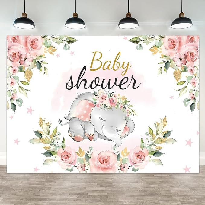 10x8ft Elephant Baby Shower Backdrop for Girl Pink Flowers Photography Background Newborn Girls Birthday Banner Decorations Sweet Princess Baby Party Portrait Photo Booth Prop