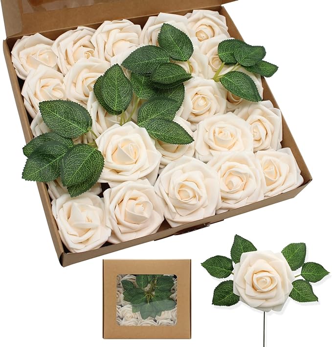 Artificial Roses Flowers 50pcs Real Looking Foam Fake Roses with Stems for DIY Wedding Bouquets Bridal Shower Centerpieces Party Decorations (50, Champagne)