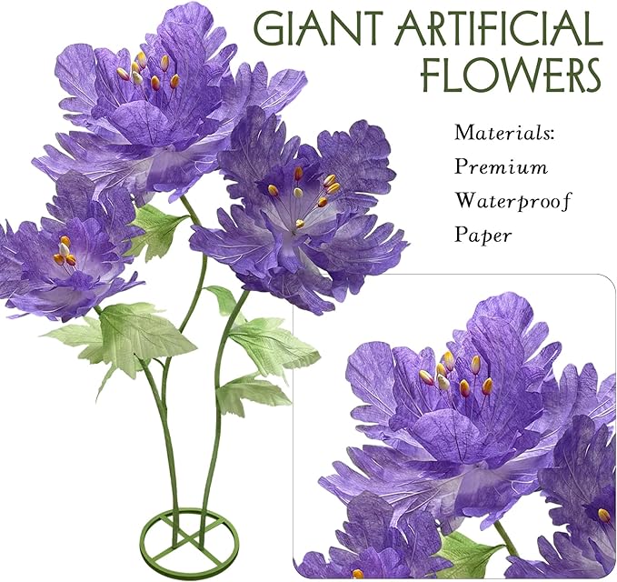 Giant Paper Flowers for Decoration, Big Artificial Flower with Stems and Stands Party Banquet Wedding Reception Stage Photography Props Mall Display Graduation Essential Background Home Decor, Purple