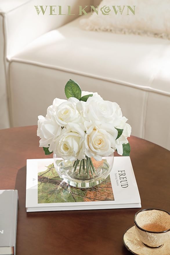 WELL KNOWN Artificial Flowers with Vase, Silk Rose Artificial Flowers Table Centerpieces with Faux Water for Home Decoration Fake Roses Flower Arrangements for Table Decor (White&Green)