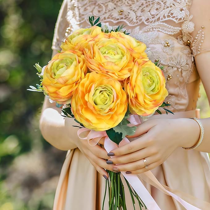 Real Touch Yellow Ranunculus Artificial Flowers 6PCS Artificial Peonies Faux Ranunculus with Stem for DIY Wedding Bouquet Party Table Home Decor(Yellow)