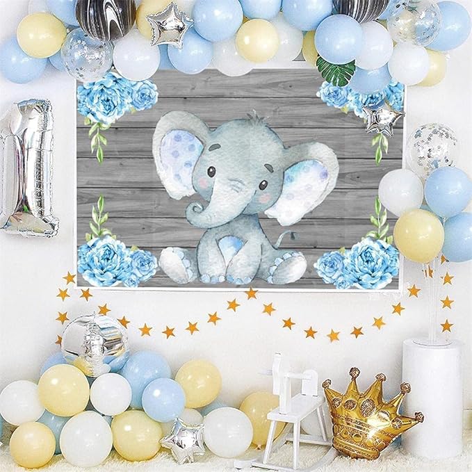 AOFOTO 12x10ft Elephant Rustic Grey Wooden Backdrop for Boy Baby Shower Watercolor Blue Floral Cartoon Animal Gender Reveal Photography Background It's a Boy Newborn Kids Birthday Party Decoration